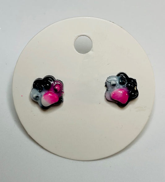 Black Pink and White Paw Stud Earrings