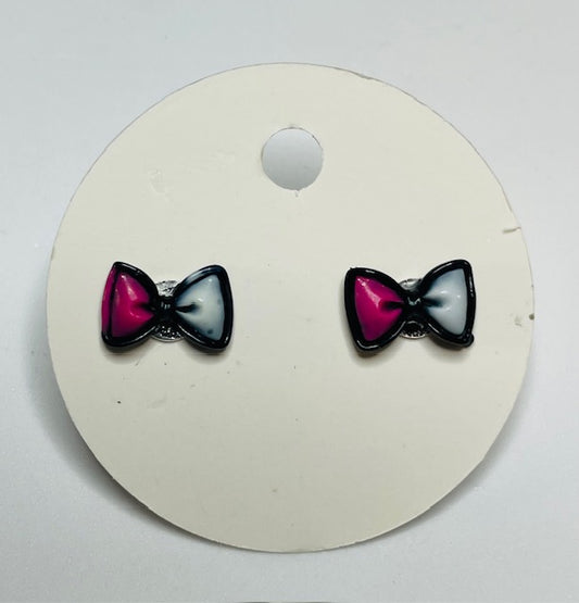 Black Pink and White Bow Stud Earrings