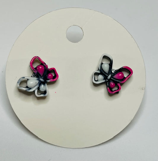 Black Pink and White Butterfly Stud Earrings