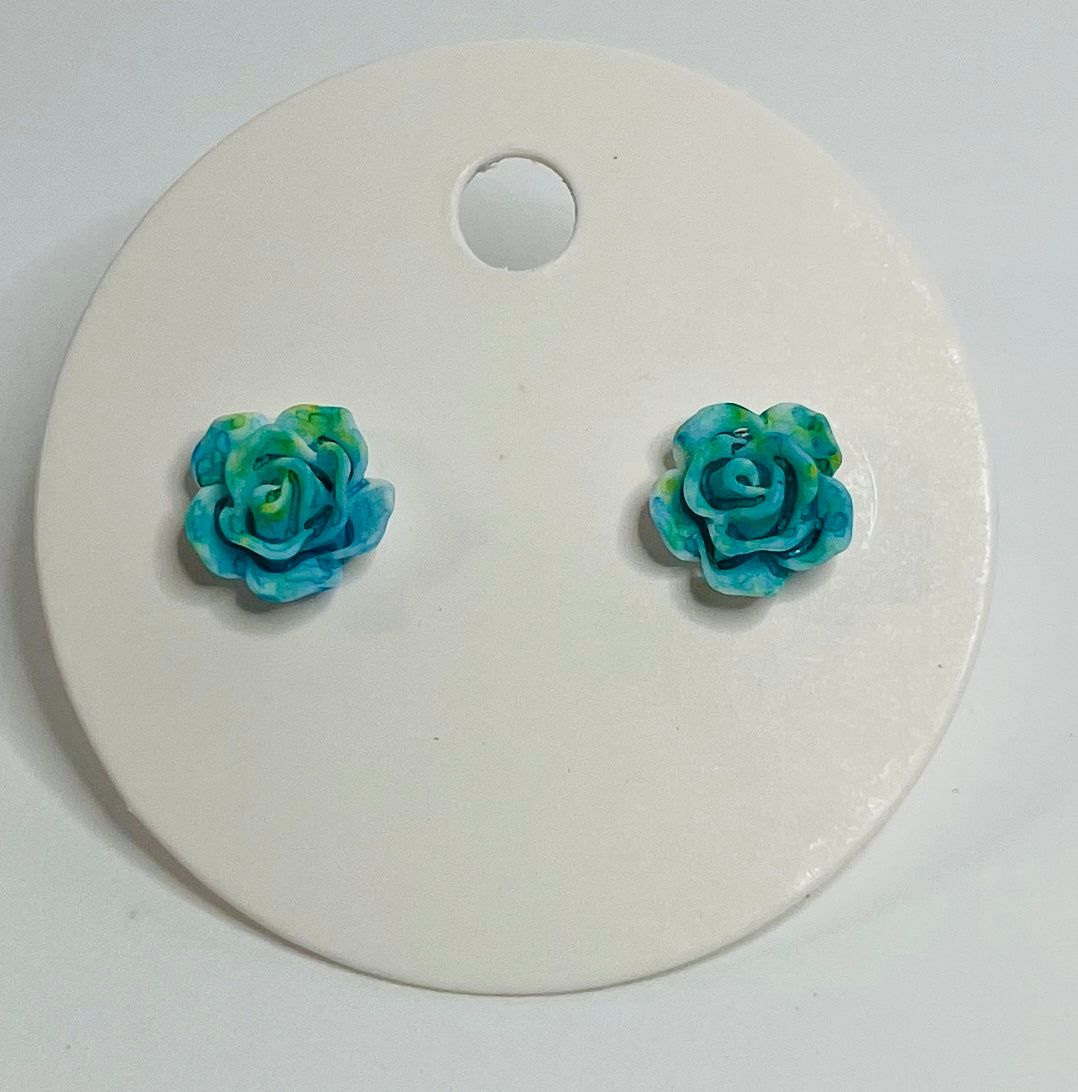 Blue and Green Rose Stud Earrings