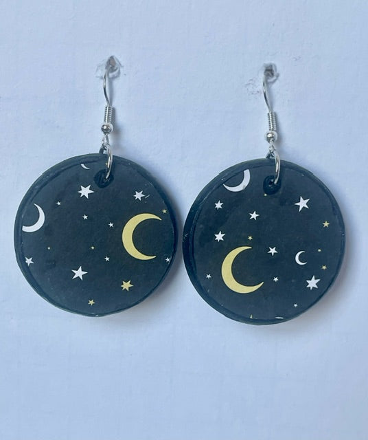 Moon and Stars Wood Dangle Earring