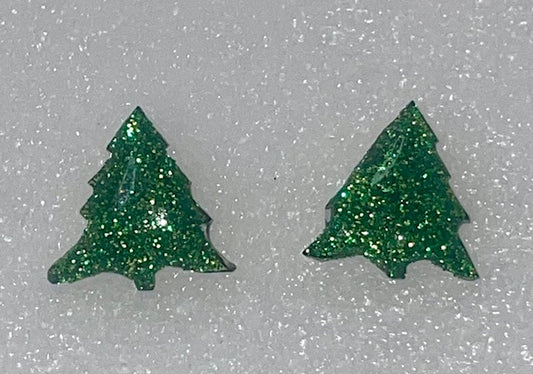 Green Glitter Tree Stud Earrings