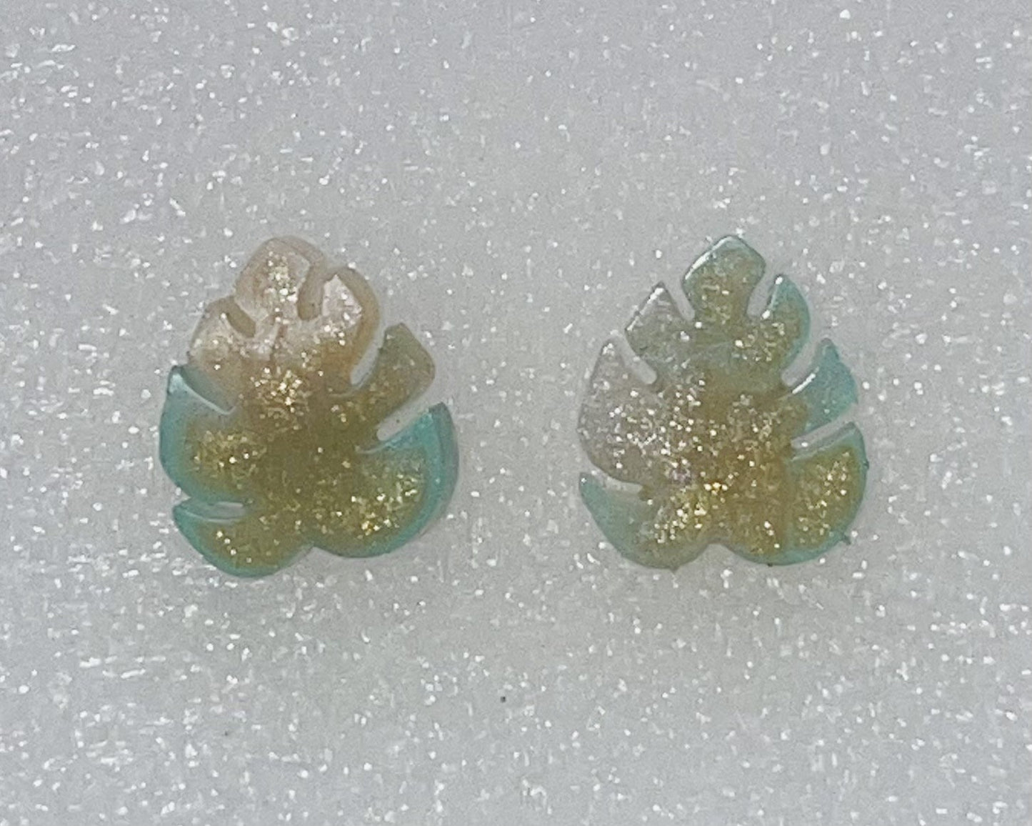 Teal and Gold Leaf Stud Earrings