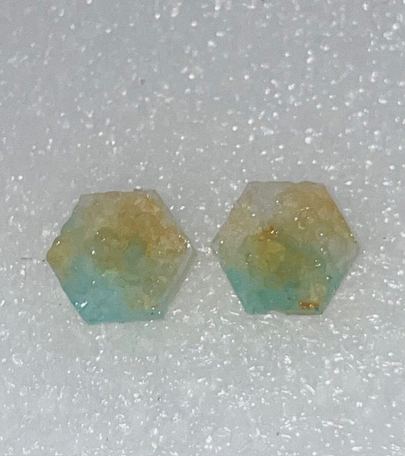 Teal and Gold Crystalized Hexagon Stud Earrings