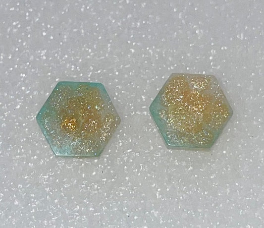 Teal and Gold Hexagon Stud Earrings