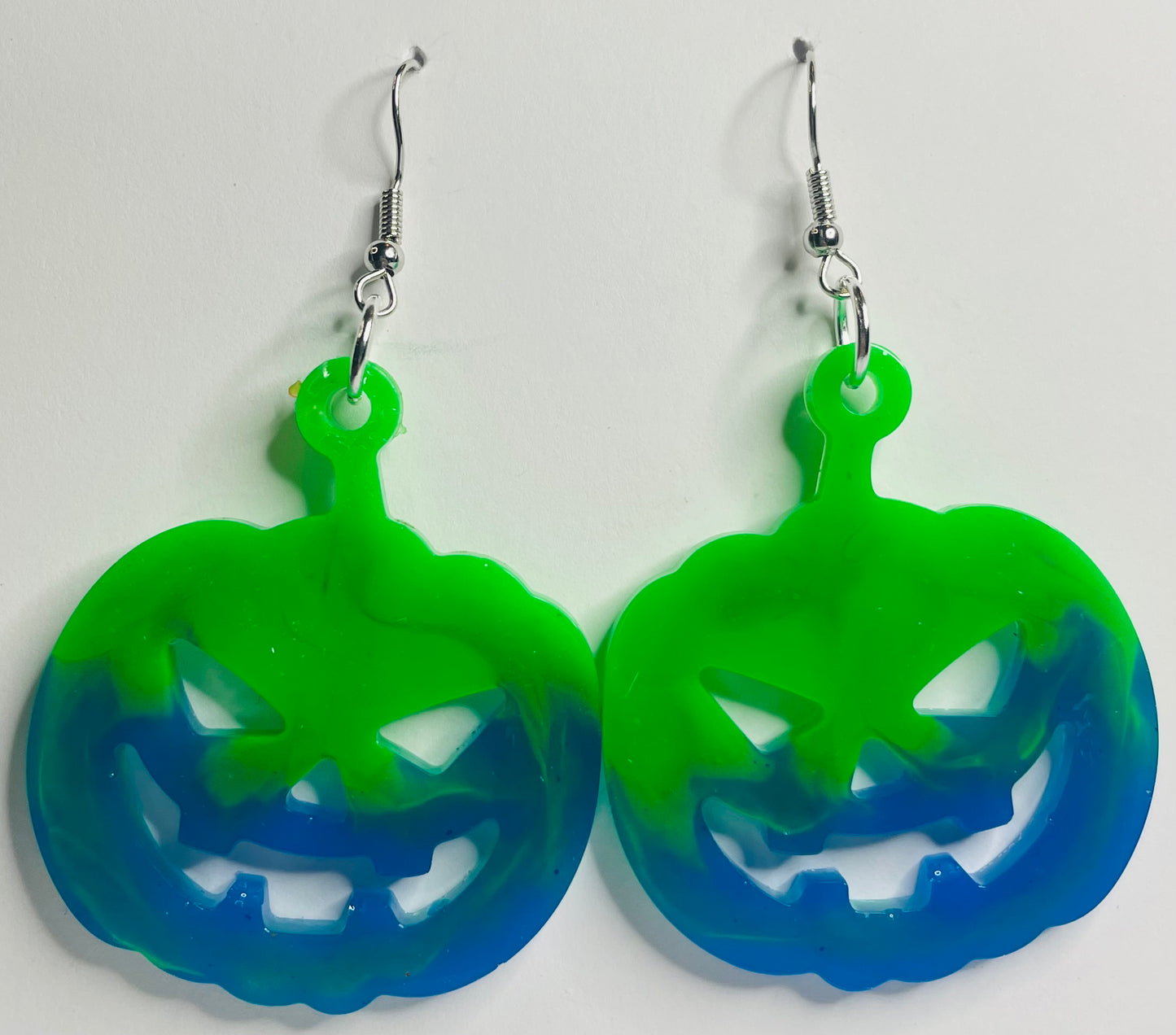 Slime Green and Blue Jack O’Lantern Dangle Earrings