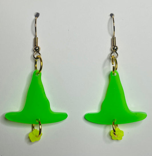 Green Witch Hat and Flower Dangle Earrings