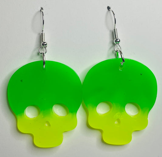 Large Slime Green and Yellow Skull Dangle Earrings