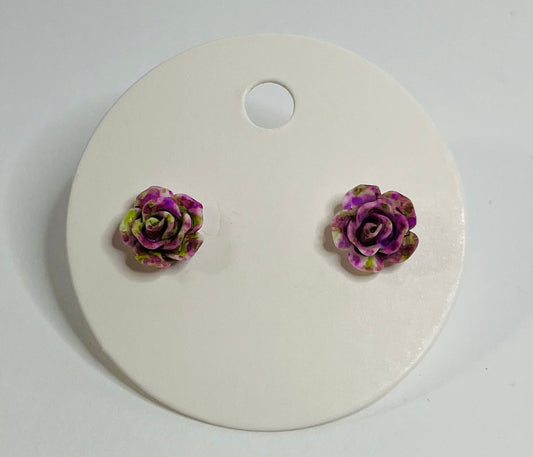 Yellow and Purple Rose Stud Earrings