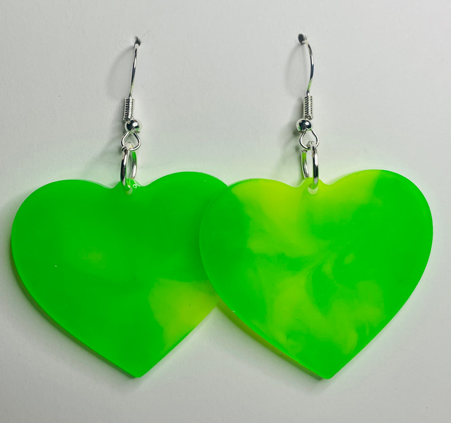 Large Slime Green and Yellow Heart Dangle Earrings