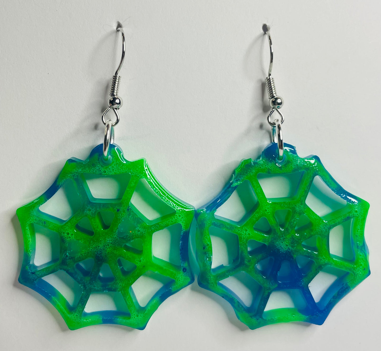 Slime Green and Blue Spider Web Dangle Earrings