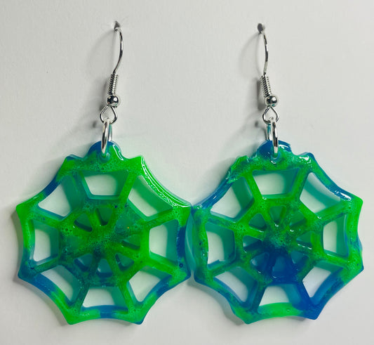 Slime Green and Blue Spider Web Dangle Earrings