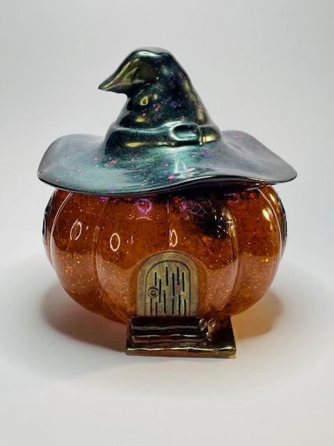 Orange and Green Pumpkin Witch Hat Epoxy Jar Decor