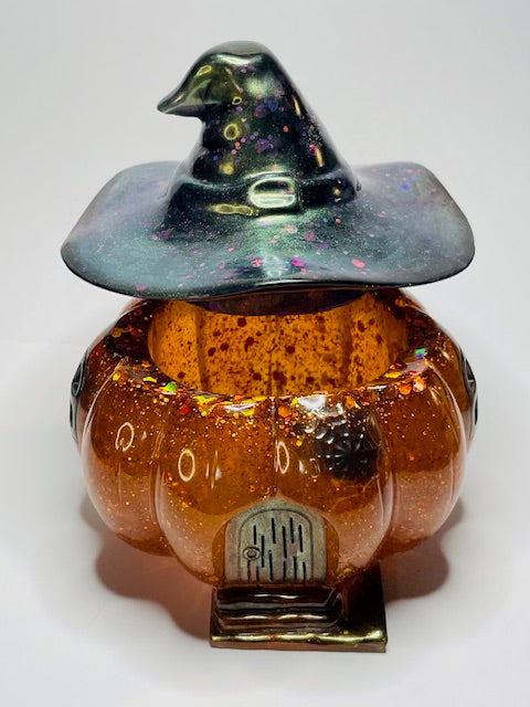 Orange and Green Pumpkin Witch Hat Epoxy Jar Decor