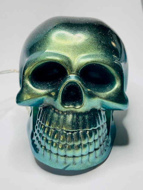 Green Chrome Light Up Skull Epoxy Decor