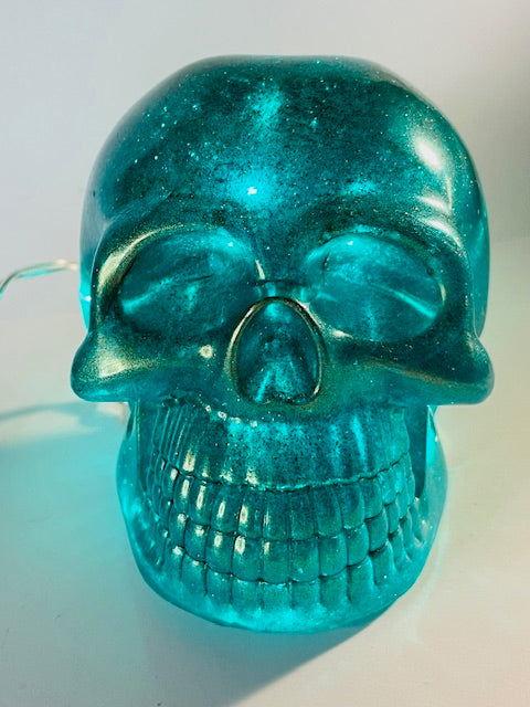 Green Chrome Light Up Skull Epoxy Decor